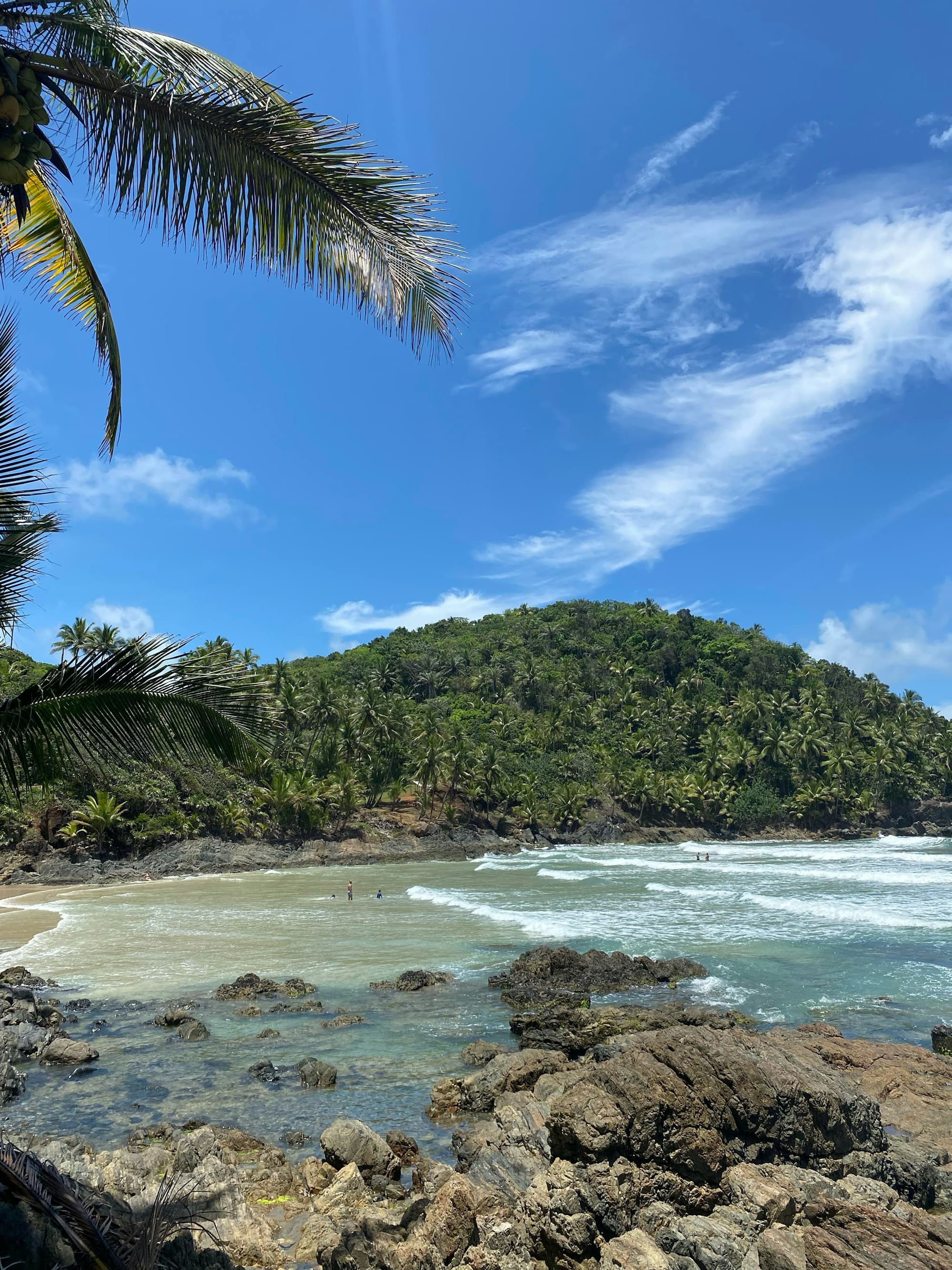 A cove at Praia do Ribeira with turquoise water, dark rocks in the shallows and a palm covered headland behind.