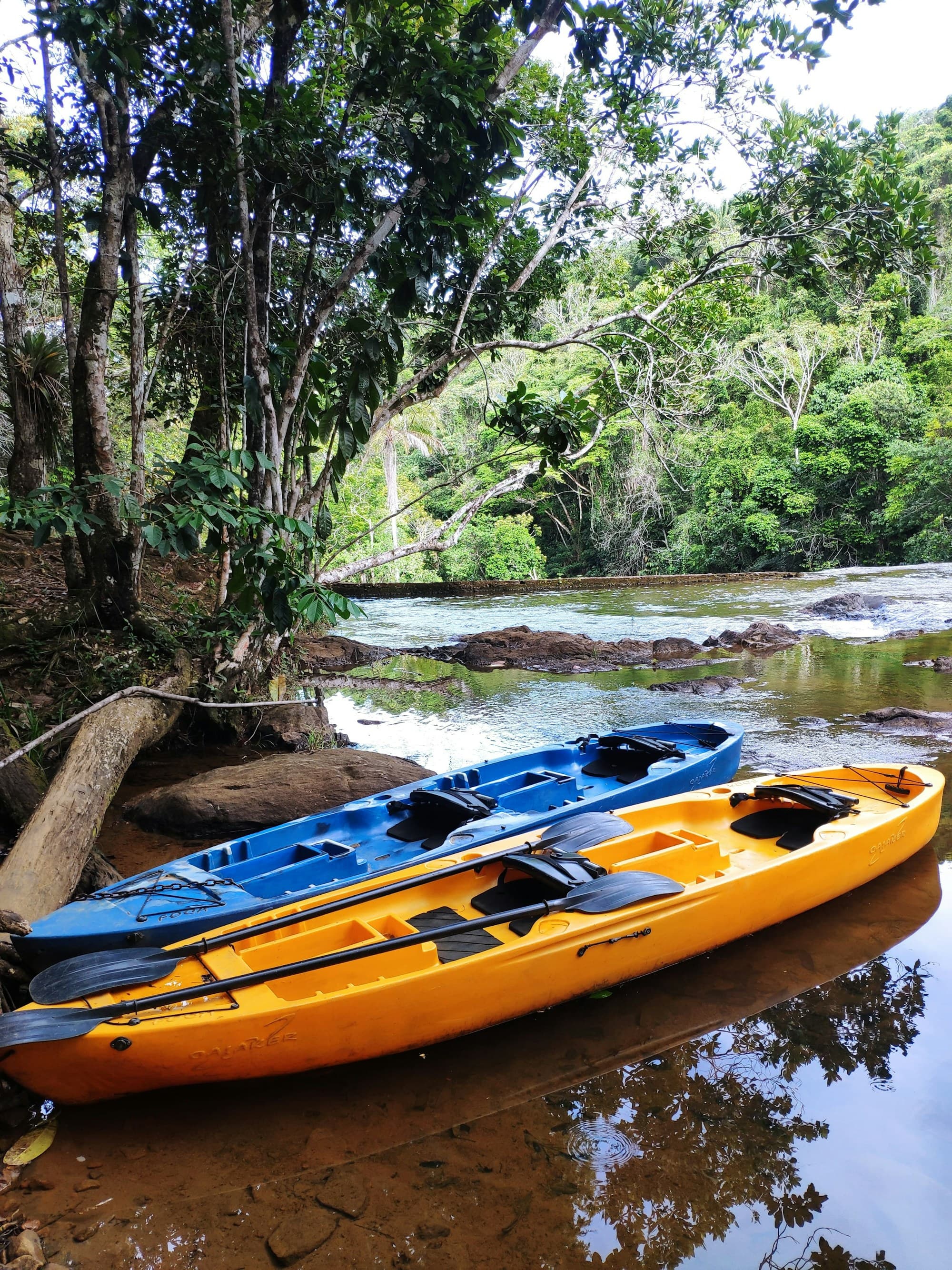 Two kayaks, one yellow and one blue, pulled up on the riverbank at Itacaré.